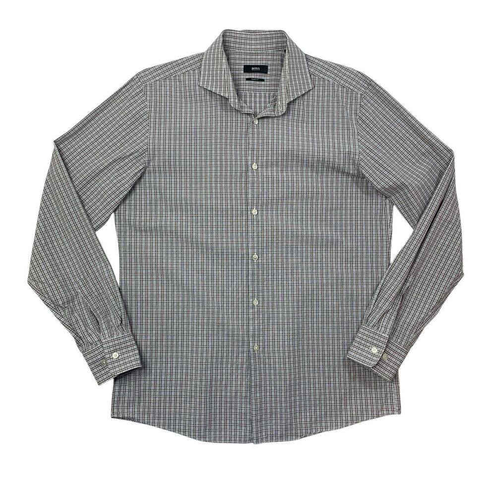 Hugo Boss Shirt Mens 16.5 Brown Navy Sharp Fit Plaid Long Sleeve Cotton Button